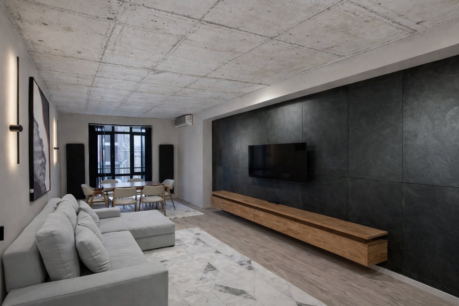 Before — raw concrete ceiling in living room